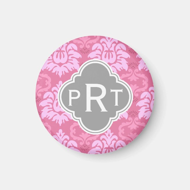 Pink Damask Trio Monogram Magnet (Front)