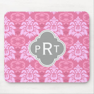Pink Damask Trio Monogram Mouse Mat