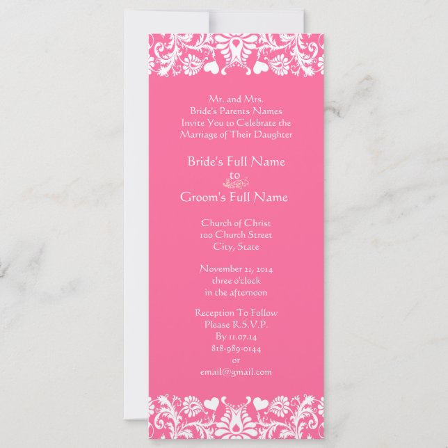 Pink Damask Wedding Invitation (Front)