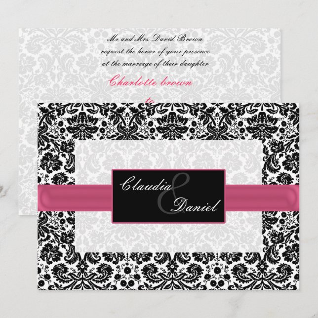 pink damask wedding invitation (Front/Back)