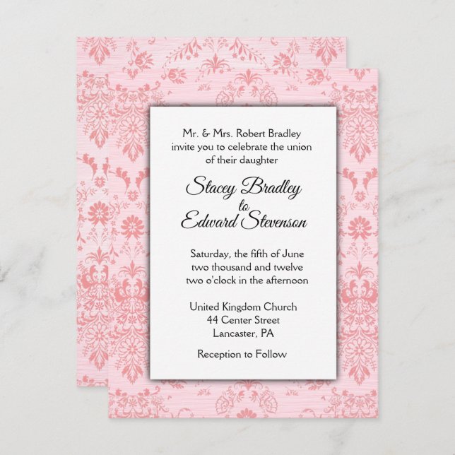 Pink Damask Wedding Invitation (Front/Back)