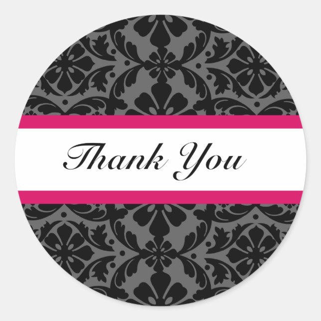 Pink Damask Wedding Thank You Stickers (Front)