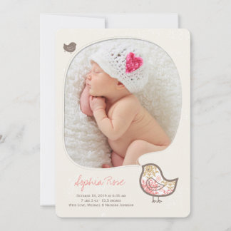 Pink Damask Whimsical Chick Baby Girl Photo Birth Announcement