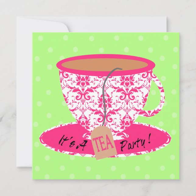 Pink Damask with Green Tea Cup Tea Party Birthday Invitation (Front)