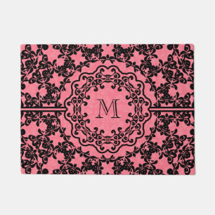 Pink Damasks And Black Floral Lace Doormat