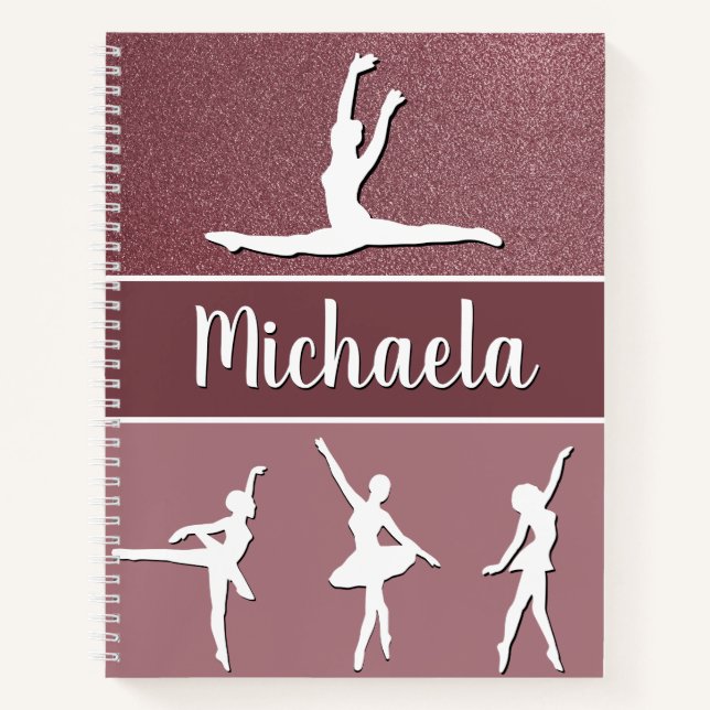 Pink Dance Ballerina Customisable Name Glitter Notebook (Front)