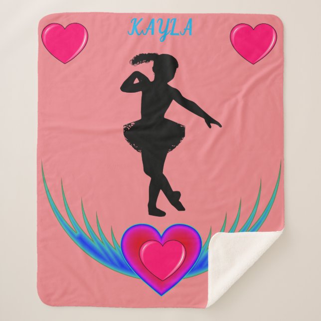 Pink Dance blanket with ballerina and pink hearts. (Front)