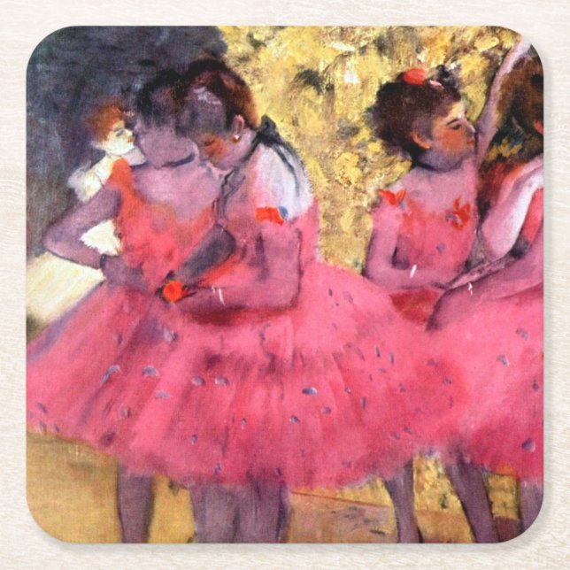 Pink Dancers, Edgar Degas Square Paper Coaster (Front)