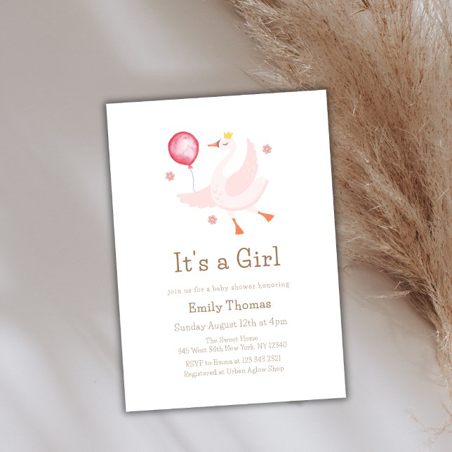 Pink Dancing Princess Swan Balloon Baby Shower  Invitation (Pink Dancing Princess Swan Balloon Baby Shower Invitation)