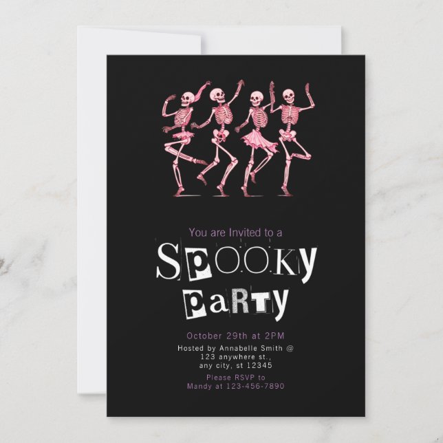 Pink Dancing Skeletons Minimalist Halloween Party Invitation (Front)