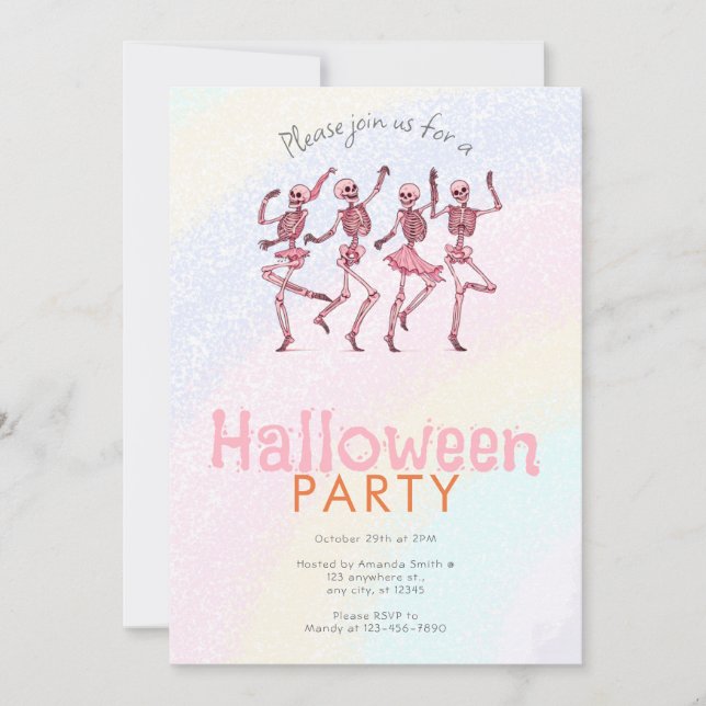 Pink Dancing Skeletons Rainbow Halloween Party Invitation (Front)
