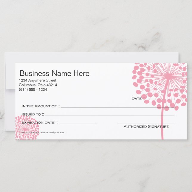 Pink Dandelion Flower Gift Certificate Design 3 (Front)