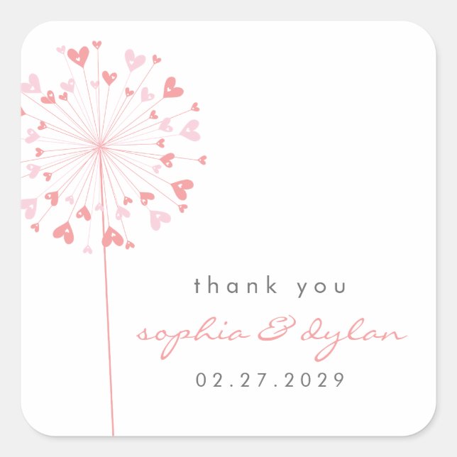 Pink Dandelion Flower Love Hearts Summer Wedding Square Sticker (Front)