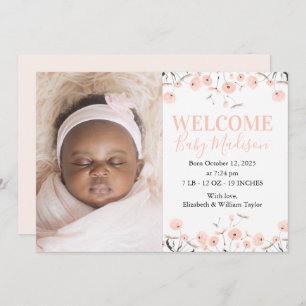 Pink Dandelions Baby Birth Announcement Card