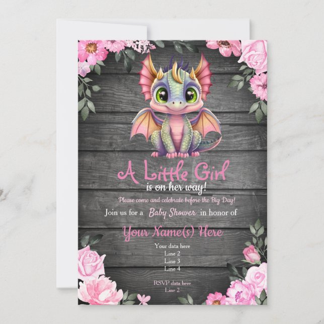 Pink Dargon Baby Shower invitation, rustic Invitation (Front)