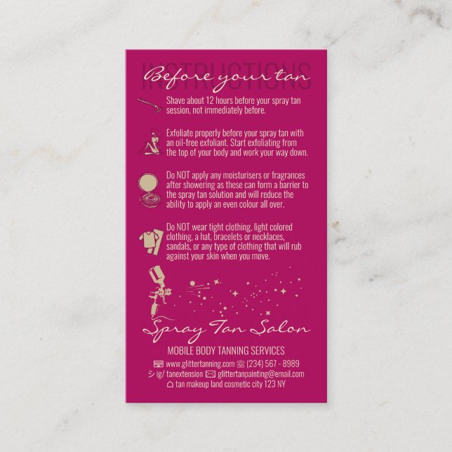 Pink Dark Before After Care Instruction Spray Tan Business Card (Front)