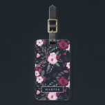 Pink & Dark Blue Rose Pattern Custom Name Address Luggage Tag<br><div class="desc">Dark blue luggage tag with a pattern of pink and dark violet roses.</div>