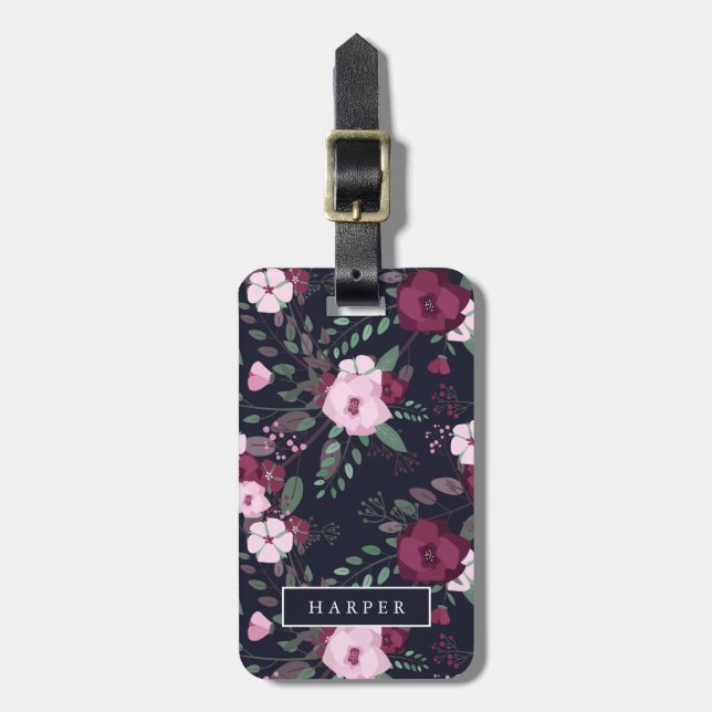 Pink & Dark Blue Rose Pattern Custom Name Address Luggage Tag (Front Vertical)