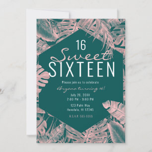 Pink & Dark Cyan Tropical Palm Leaves Sweet 16 Invitation