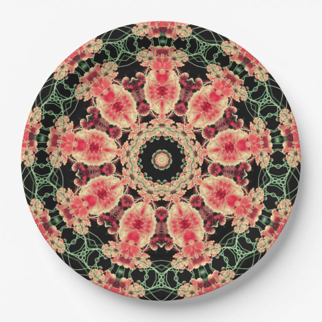 Pink & Dark Green Fractal Kaleidoscope Plate (Front)