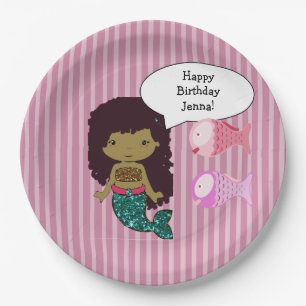 Pink Dark Haired Mermaid Birthday Party Plates