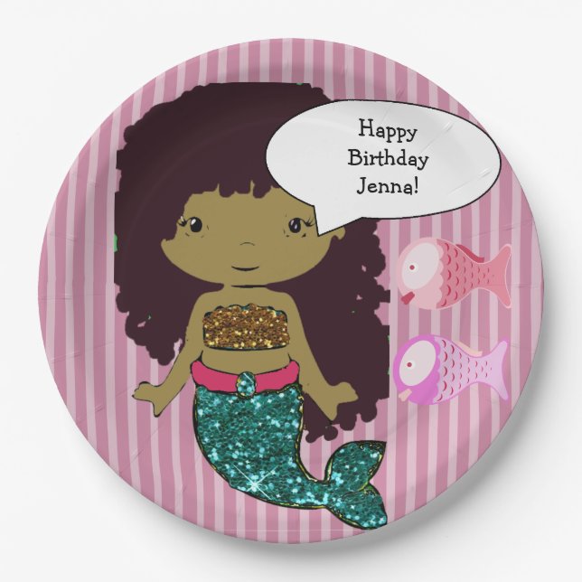 Pink Dark Haired Mermaid Birthday Party Plates (Front)