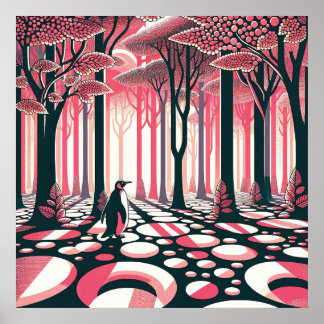 Pink Dark Penguin Geometric Nostalgia Forest Tree Poster