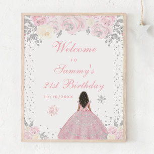 Pink Dark Skin Girl Birthday Party Welcome Poster
