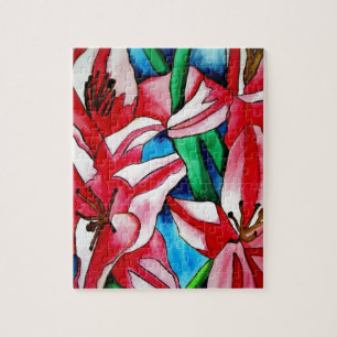 Pink Day lily watercolor art painting Jigsaw Puzzle
