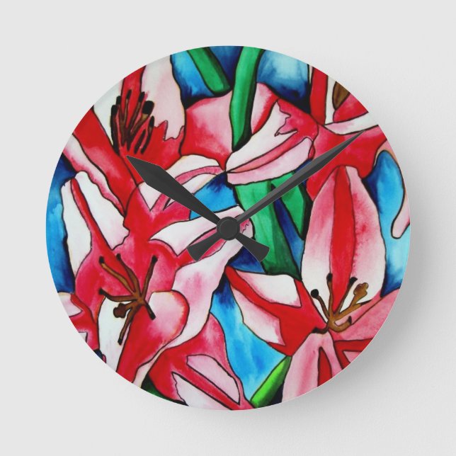 Pink Day lily watercolor art painting Round Clock (Front)