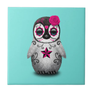 Pink Day of the Dead Baby Penguin Tile