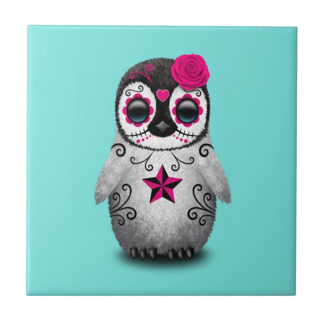 Pink Day of the Dead Baby Penguin Tile (Front)