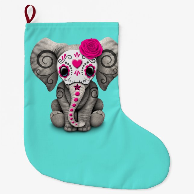 Pink Day of the Dead Elephant Large Christmas Stocking (Front)
