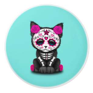 Pink Day of the Dead Kitten Ceramic Knob