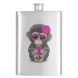 Pink Day of the Dead Sugar Skull Baby Chimp Hip Flask