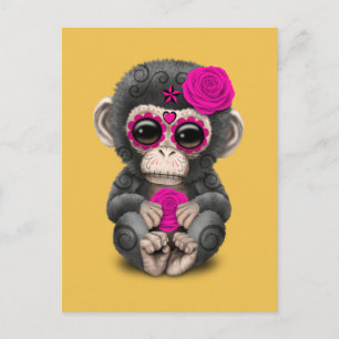 Pink Day of the Dead Sugar Skull Baby Chimp Postcard