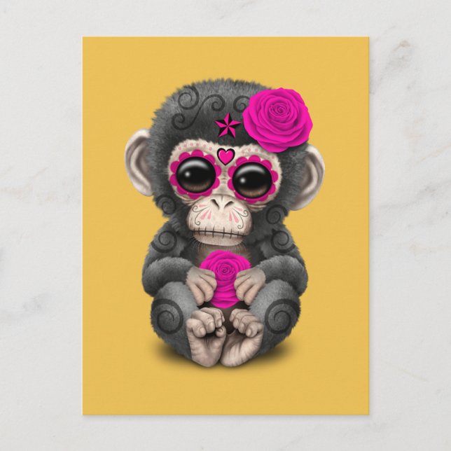 Pink Day of the Dead Sugar Skull Baby Chimp Postcard (Front)