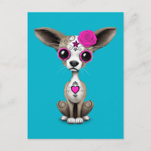 Pink Day of the Dead Sugar Skull Chihuahua Puppy Postcard