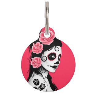 Pink Day of the Dead Sugar Skull Girl Pet Tag