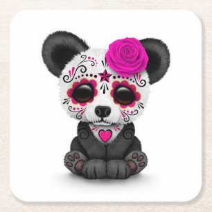 Pink Day of the Dead Sugar Skull Panda on White Square Paper Coaster