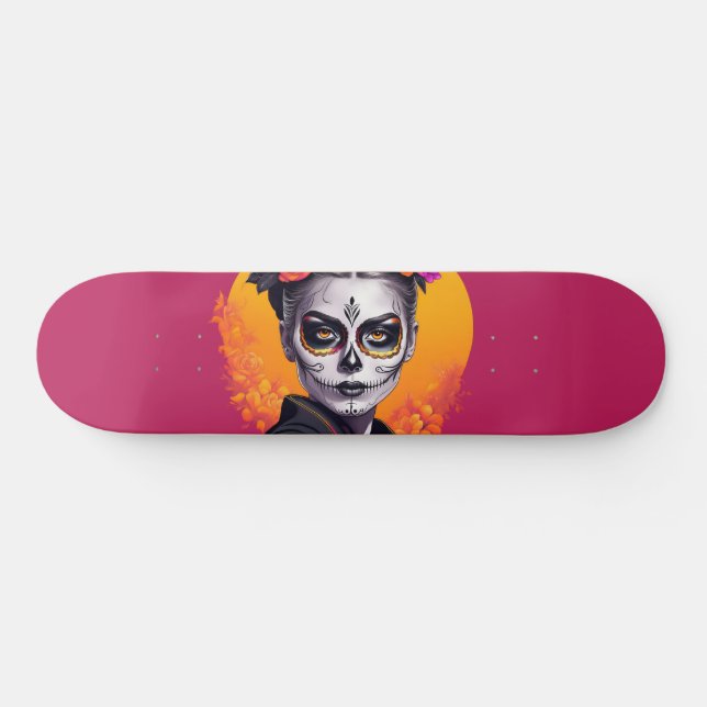 Pink Day of the Dead Woman Skateboard (Horz)