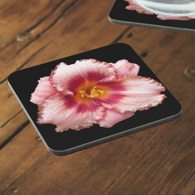 Pink Daylily Bloom on Black Floral Coaster (In Situ)