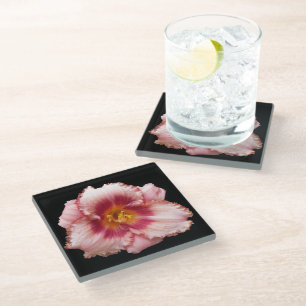 Pink Daylily Bloom on Black Floral Glass Coaster