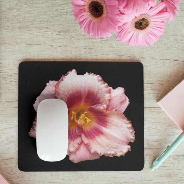 Pink Daylily Bloom on Black Floral Mouse Mat (In Situ)