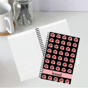 Pink Daylily Bloom on Black Floral Pattern Notebook