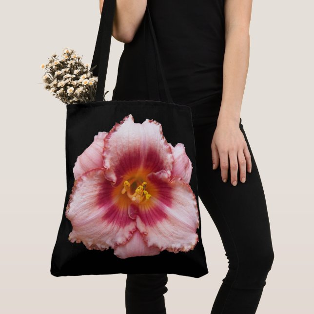 Pink Daylily Bloom on Black Floral Tote Bag (Close Up)