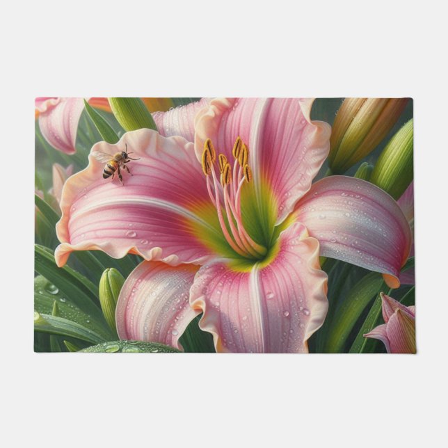 Pink Daylily Floral Doormat (Front)