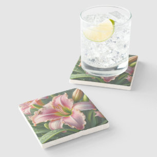 Pink Daylily Floral Stone Coaster