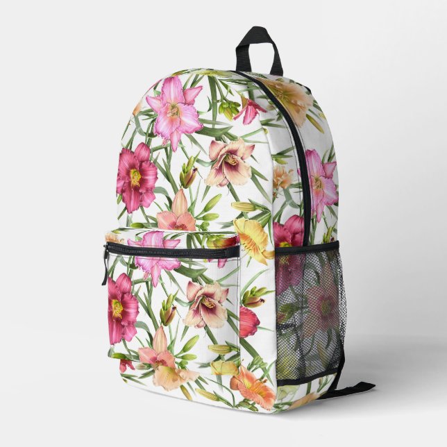 Pink Daylily Flowers Botanical Art  Printed Backpack (Back Corner Right)