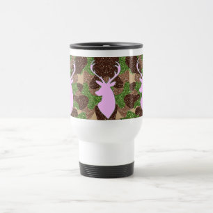 Pink deer and glitter camo travel mug